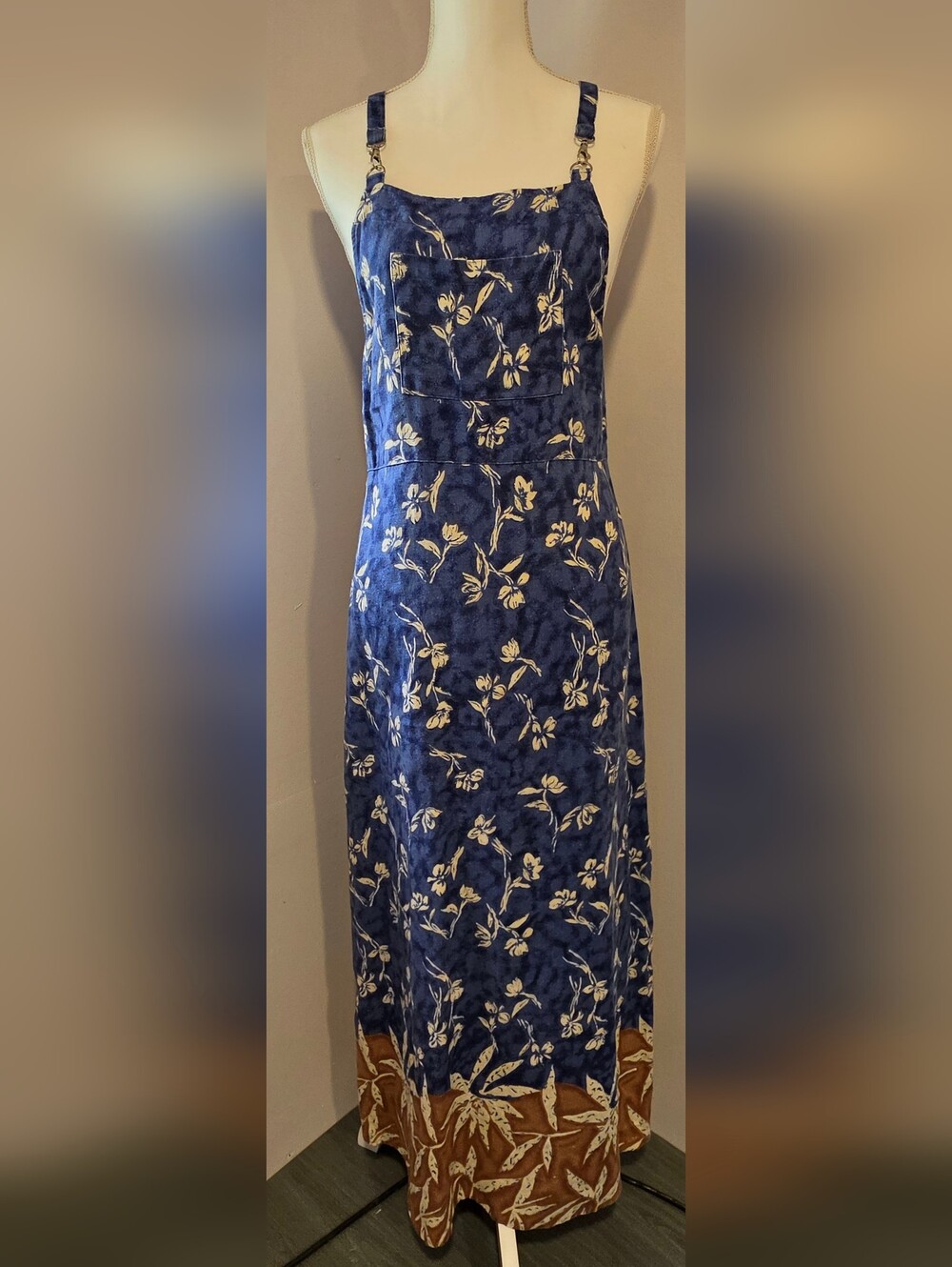 Carol Anderson Vintage 90s 100% Linen Navy Floral Maxi Dress Women's Size 8